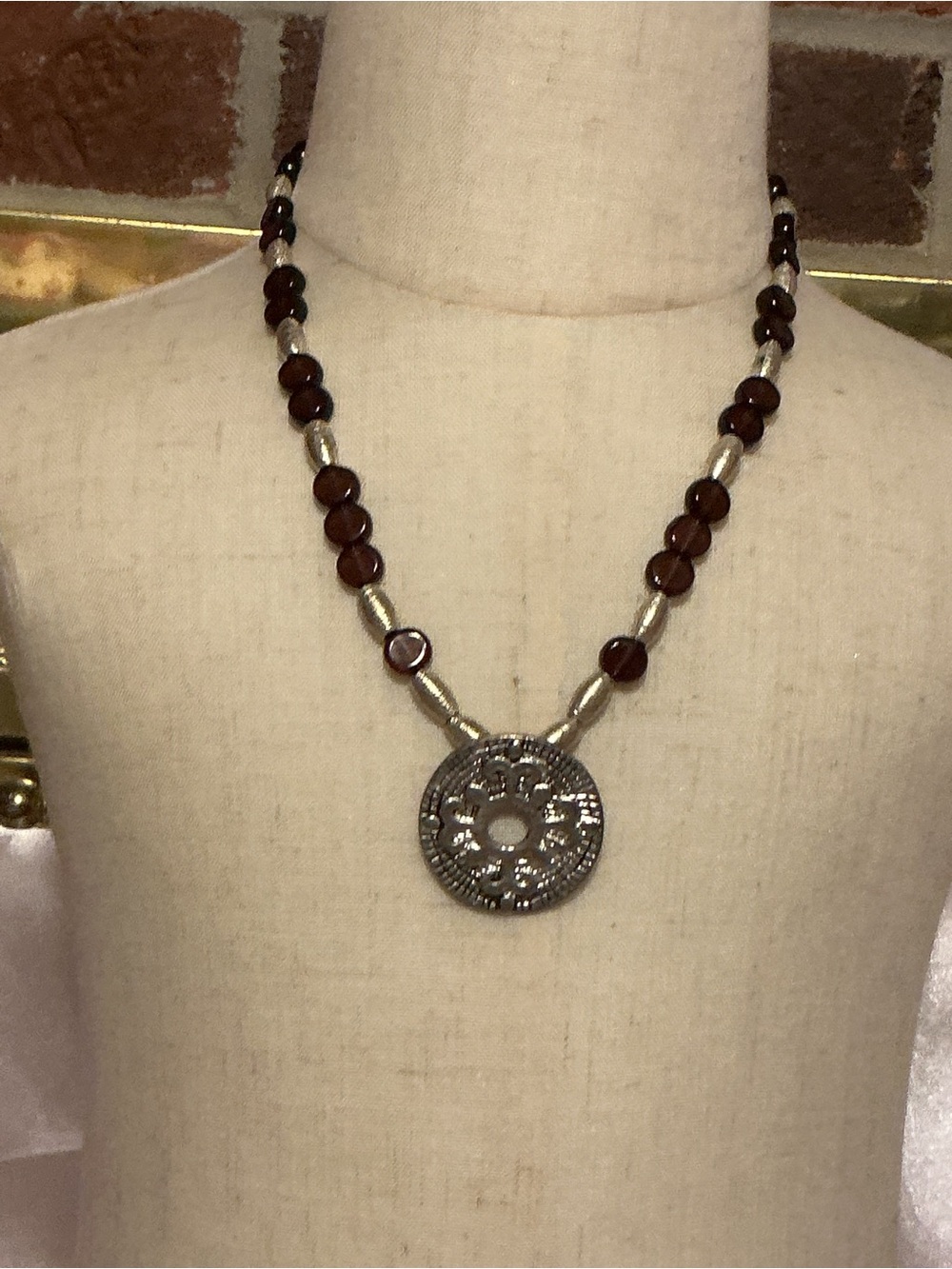Silver Pendant Necklace with Brown Beads - Women's Jewelry